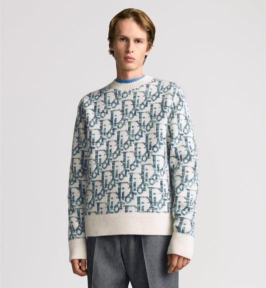 Dior Oblique Sweater White and Blue Virgin Wool Jacquard