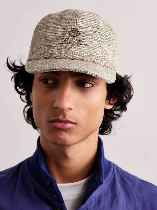 LORO PIANA Baseball cap in linen-silk and embroidered logo Brown
